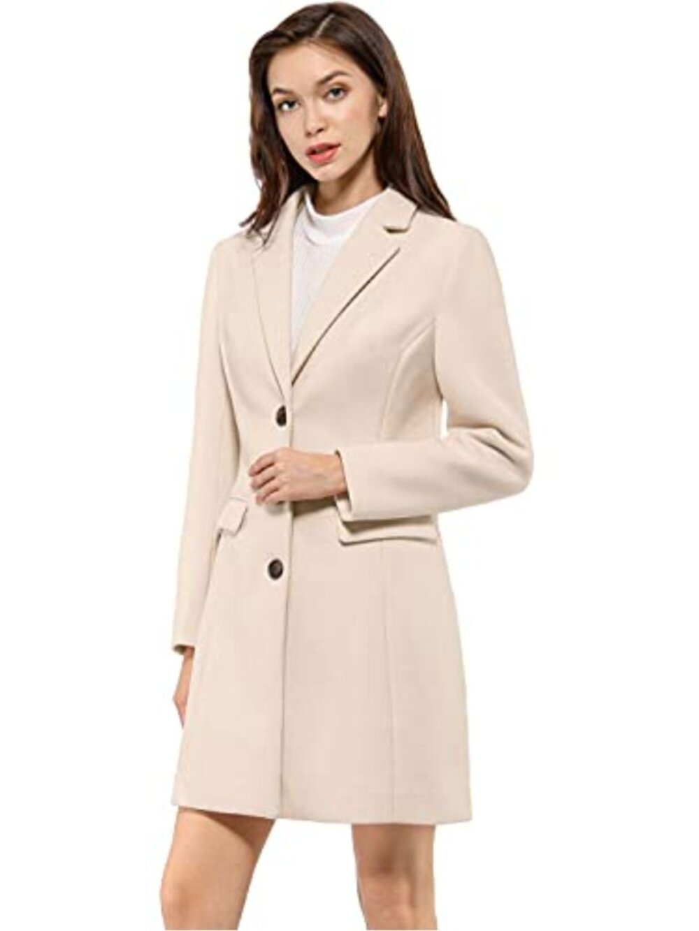 Women's Longline Peacoat Notched Lapel Flap Pockets Winter Coat Warm Fully Lined